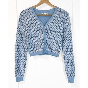 Hollister Blue Floral Soft Knit Cropped Button Up Cardigan